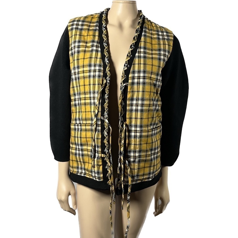 NWT Maje Paris Mystero Reversible Check Wool Cardigan in Yellow Black Plaid
